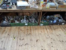 Seven boxes of figurines, Diecast toy models, glass, etc.