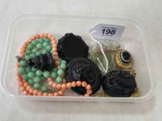 Box with coral beads, Victorian pendant, jet brooches, etc.