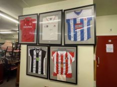 Four framed signed presentation football shirts for Newcastle, Sunderland,