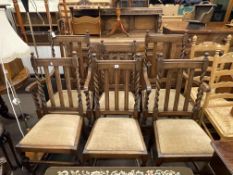 1920's/30's carved oak sideboard and set of six oak barley twist dining chairs including pair