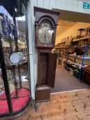 Antique oak eight day longcase clock having brass arched dial signed Ogden,