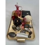 Tray lot with ruby glass, ostrich egg, handkerchief box, binoculars, etc.