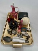 Tray lot with ruby glass, ostrich egg, handkerchief box, binoculars, etc.