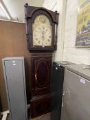Antique mahogany and line inlaid 30 hour longcase clock having floral painted arched dial.