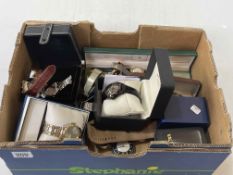 Box of mostly gents wristwatches including Rotary, Seiko, Gucci, etc.