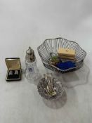 Silver topped caster, silver bon bon and three salt spoons, cased thimbles and EP fruit bowl, etc.