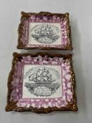 Pair Sunderland lustre plaques with sailing ships and verse, 21.5cm across.