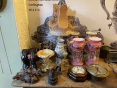 Victorian lustres, carved African sculptures, vases, vintage wall clocks, table lamp, etc.