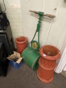 Vintage garden roller and two terracotta chimney pots (3).