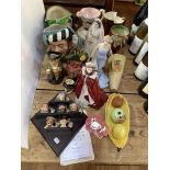 Royal Doulton Explorer Tinies, character jugs, figures including Royal Worcester QEII, vases, cruet,