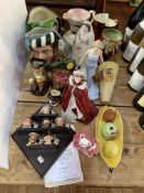 Royal Doulton Explorer Tinies, character jugs, figures including Royal Worcester QEII, vases, cruet,