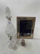 Silver mounted decanter and vinegar bottle, silver photograph frame, and EP thimble measure (4).
