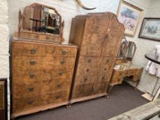 Burr walnut three piece bedroom suite comprising shaped arched top linen cupboard,