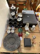 Royal Albert Night and Day coffee set, Thomas Webb tumblers, Beatrix Potter figures, plaque,