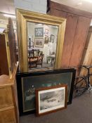 Large gilt framed mirror and three pictures (4).