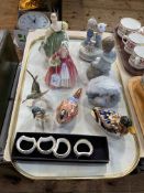 Tray lot with two Royal Crown Derby paperweights, Lladro and Nao, two Royal Doulton figures, etc.