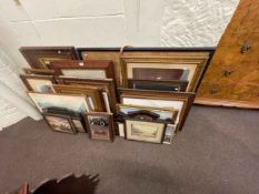 Large quantity of old framed pictures including painted mirror, map, firescreen, etc.