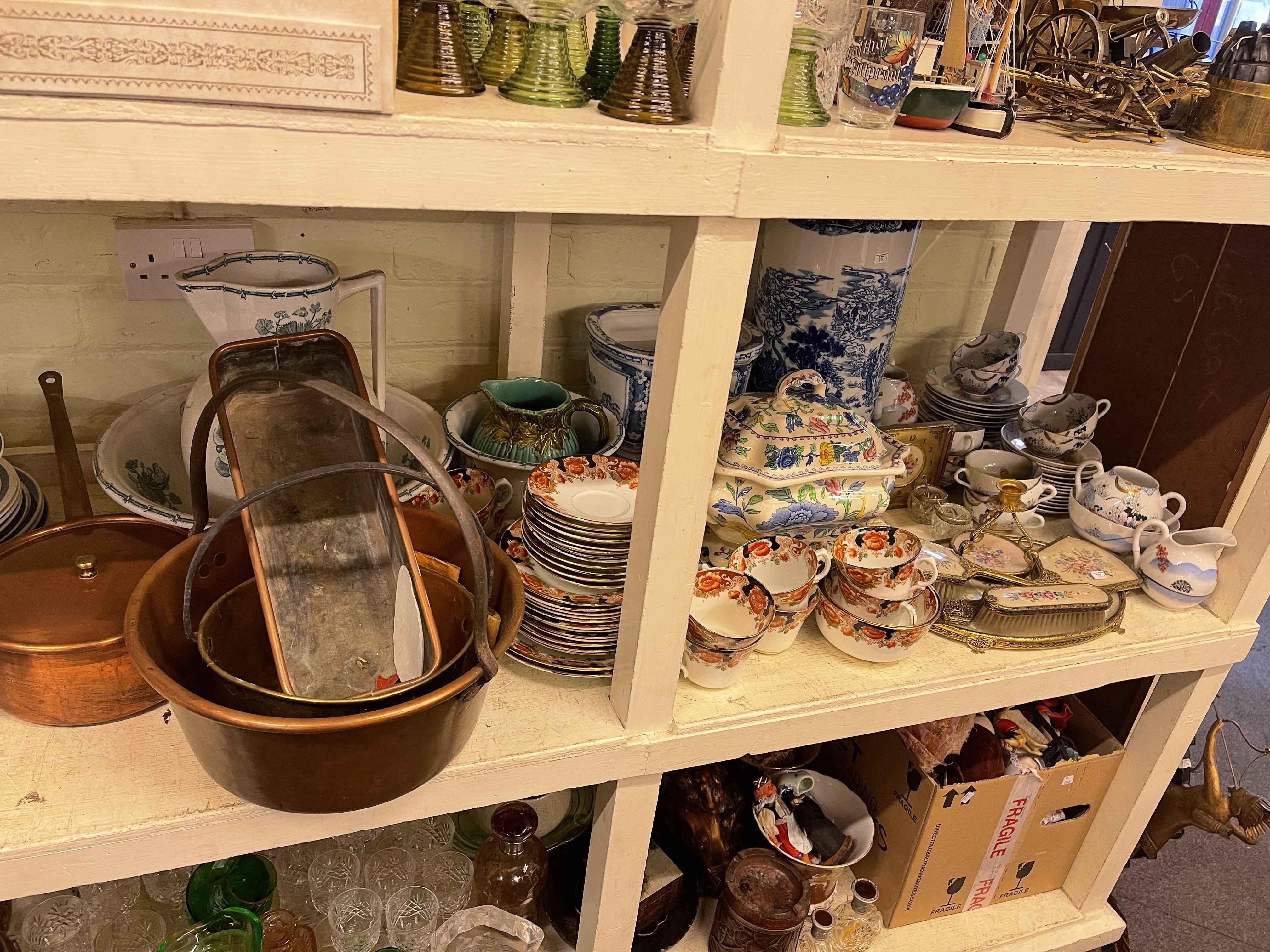 Collection of Victorian porcelain, Oriental teawares, copper and brass wares, wash bowl and jug,