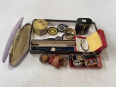 Box with watches, silver Masonic medal, compass, etc.