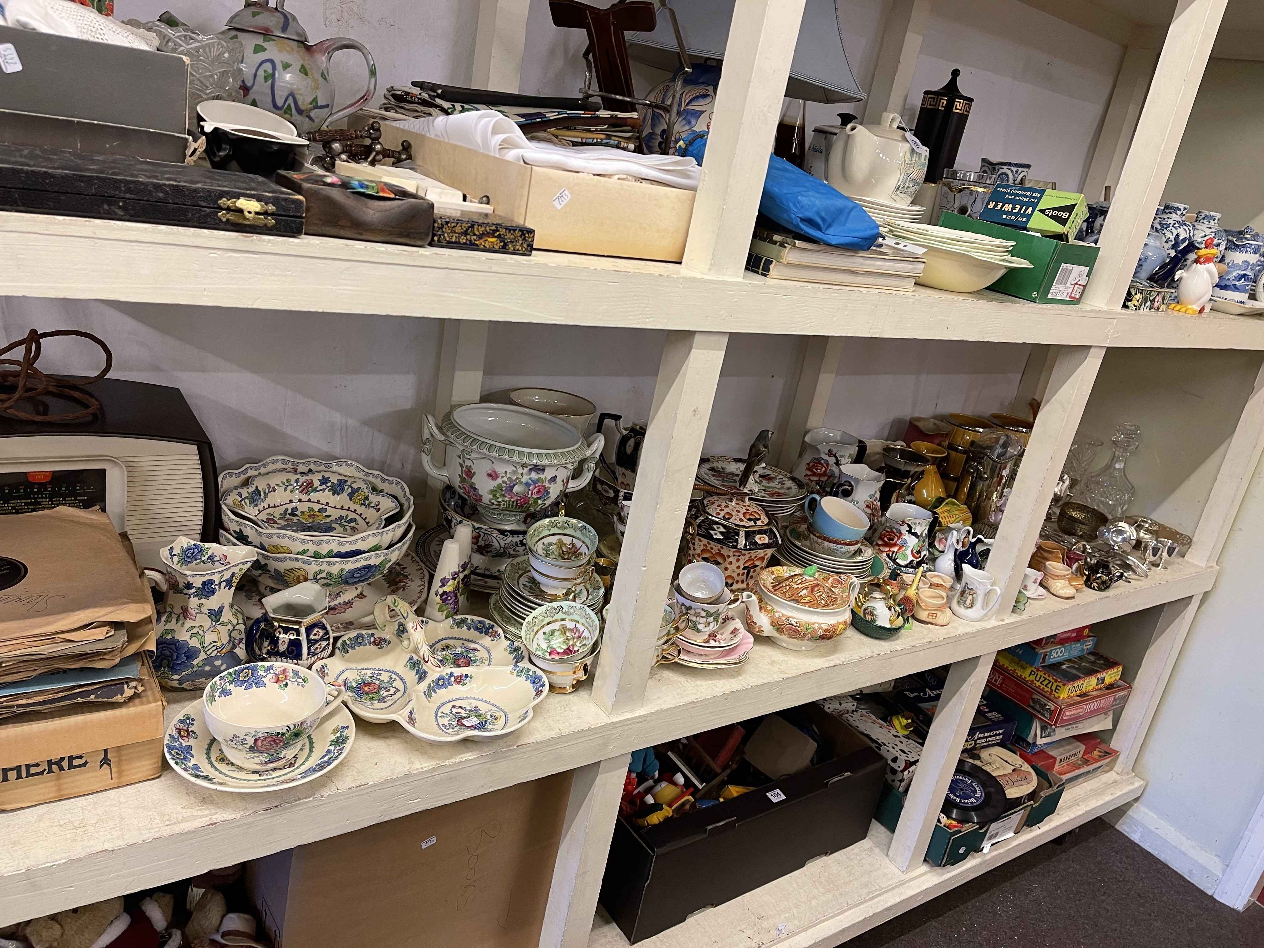 Collection of Victorian decorative pottery, metalwares, Wade, radio, records, etc.