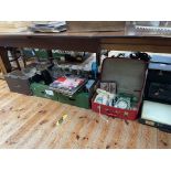 Collection of coloured and cut glass, LP records, telephones, knife set, etc.