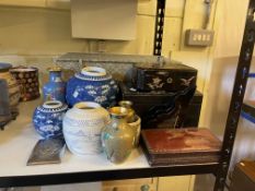Cloisonne vase, blue and white ginger jars, musical jewellery box, Oriental boxes, etc.