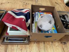Viz annuals, Sunderland football, Union Jack, vintage football rattle, and framed sporting items.