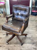 Bevan & Funnel Reprodux brown buttoned leather swivel office desk chair.