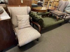 Victorian turned leg chaise longue, Empire style mahogany framed scroll armchair,
