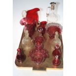 Collection of Victorian and later Cranberry glass, glass ewer, pair of figure bells, etc.