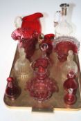 Collection of Victorian and later Cranberry glass, glass ewer, pair of figure bells, etc.