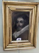 Portrait oil on paper in gilt frame, 27cm by 16cm.