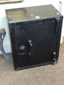 Metal safe/strong box and keys, 55cm by 47cm by 32cm.