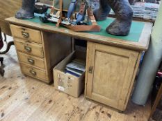 Early 20th Century oak and pine pedestal desk having cupboard door to four opposing drawers with