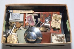 Box with silver inkwell and thimbles, coins and collectables.