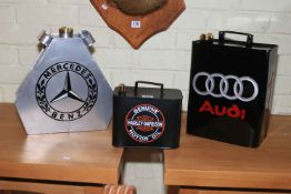 Three advert fuel cans, Mercedes Benz, Harley Davidson and Audi.