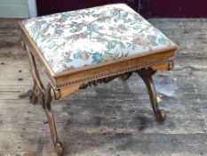 Victorian rosewood X-framed stool with floral tapestry seat, 45cm by 52.5cm by 45.5cm.