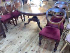 Victorian mahogany circular dining table on pedestal tripod base together with a set of six balloon