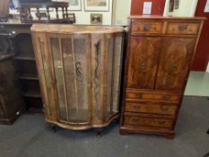 Walnut shaped front china cabinet, oak dresser rack and yew cabinet (3).