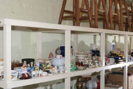 Full shelf of assorted china including candle snuffers, figurines, dinnerwares, Ringtons,