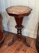 Victorian inlaid walnut octagonal games/sewing table on tripod base, 73cm by 46cm by 45cm.