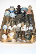 Large collection of glass, china and metal match strikers and holders including silver topped,