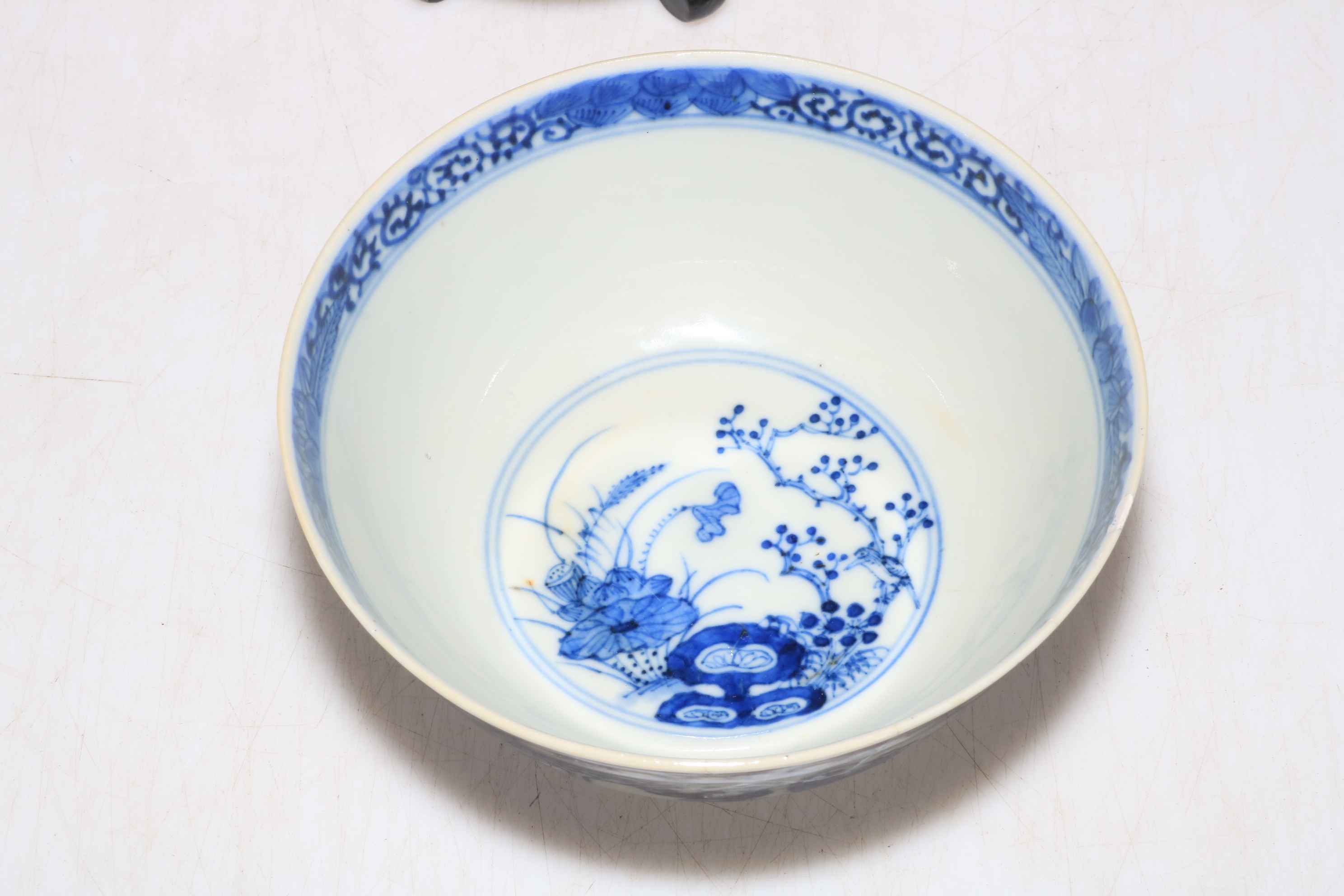 Chinese blue and white bowl with panels of decoration, 14.5cm diameter, with stand. - Image 2 of 6
