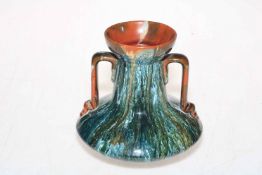 Linthorpe Pottery two handled vase in blue/green streak glaze, shape no. 957, 13.5cm.