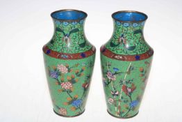 Pair Cloisonné vases with butterflies and flowers, 24.5cm.