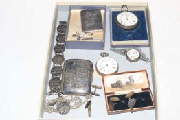 Collection of novelty silver items including three watches, cigarette case and match holder, etc.