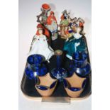 Staffordshire spill vase and three figures, two Royal Doulton figures 'Janine' and 'Nancy',