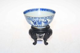 Chinese blue and white bowl with panels of decoration, 14.5cm diameter, with stand.