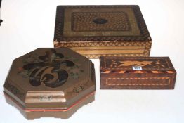 Chinese lacquer serving box, games box and a marquetry glove box.