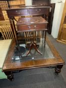 Large leather and glass topped low centre table,